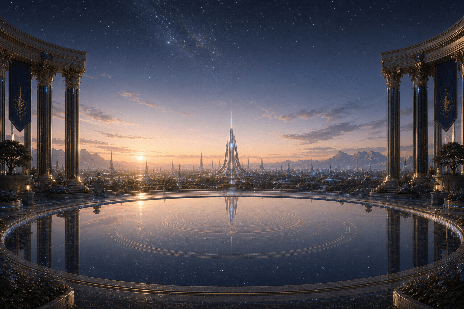 Reflection Pool at dawn with the Harmony Spire in the distance